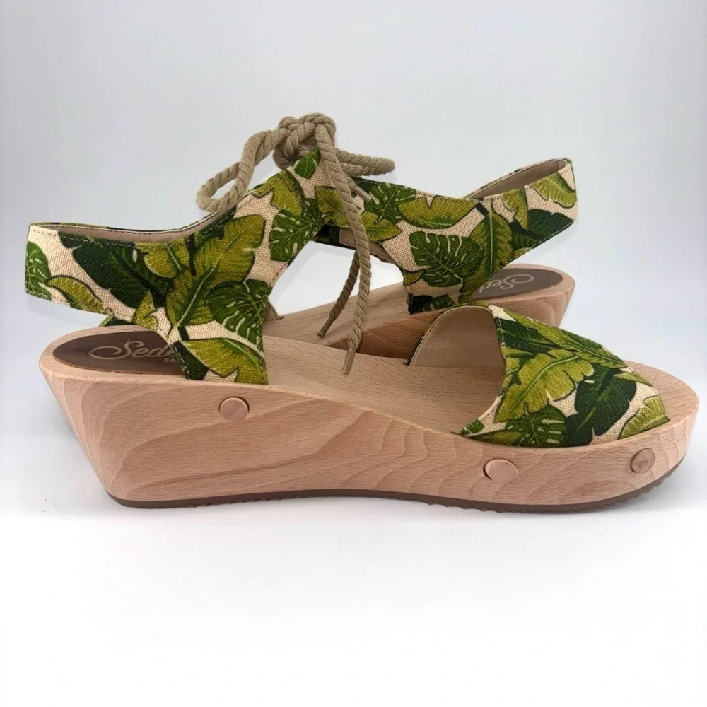 Sedette Tropical Print Platform Ethical Vegan Wood Sandals with Rope Tie Sz 8.5